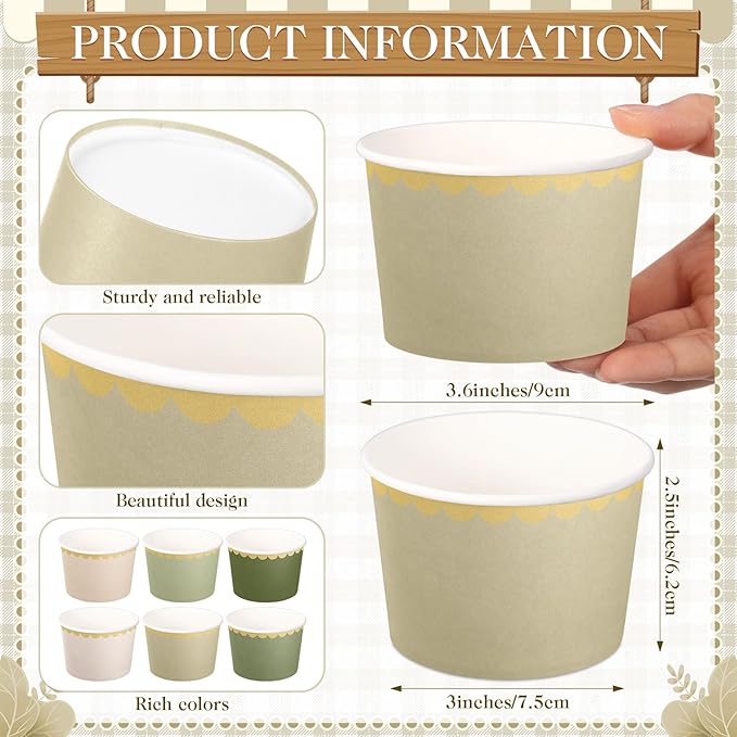 Zopeal 48 Pcs Sage Green Disposable Ice Cream Bowls 9oz Green Gradient Color Paper Snack Cups with Gold Scallop for Parties, Weddings, Baby Showers, Desserts, Yogurt, and Salads