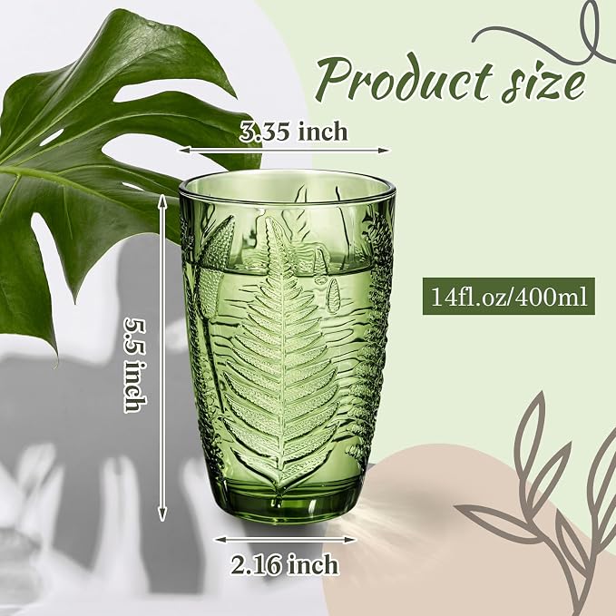 Reallnaive 14 oz Green Drinking Glasses Set of 8, Vintage Glassware - Image 5