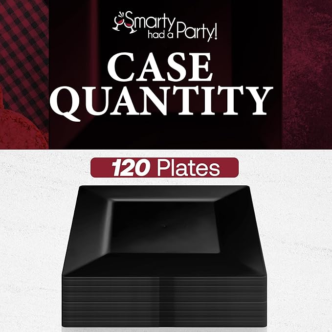 Smarty Had A Party 120 Elegant Disposable Plastic Dinner Plate, 9.5" Heavy Duty Fancy Square Black Dinner Plates for Parties and weddings