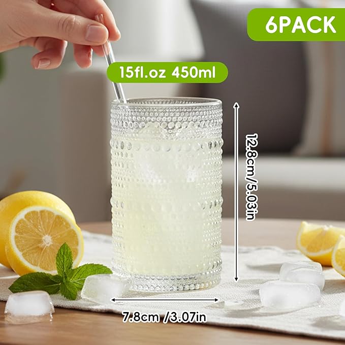 Moretoes Large 15oz Hobnail Drinking Glasses Set of 6 | Glass Cups, Kitchen - Image 2