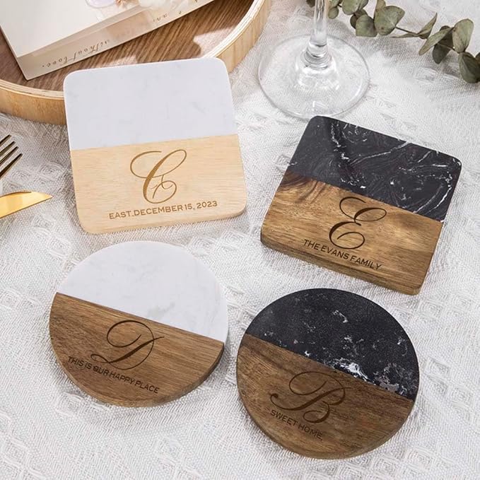 Personalized Glass Coaster Wood Marble Cup Coaster Custom Name and Text 4 Design Optional Gifts for Family
