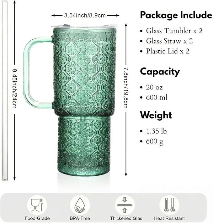 20 oz Green Glass Tumbler with Lid and Straw, Glass Iced Coffee Cups, - Image 2