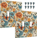 Decorative Light Switch Cover Vintage Colorful Floral Butterfly Flowers 2 Gang Wall Plate Double Toggle Switch Plate Receptacle Electrical Outlet Cover Switchplate for Bathroom Bedroom（2 Pack）