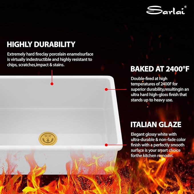 Sarlai 32 Inch White Undermount Sink Fireclay 32x19 Inch Dual Drop in & Undermount Kitchen Sink Porcelain Ceramic Single Bowl Deep Basin