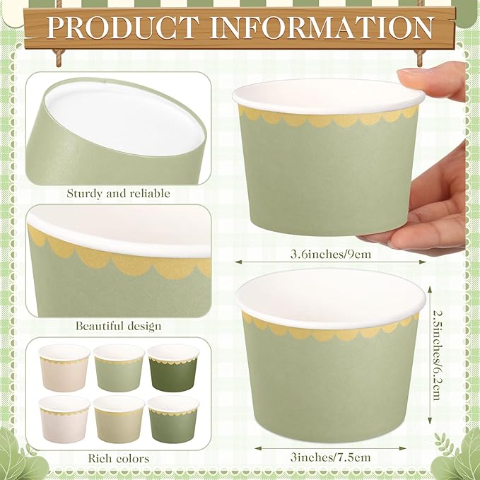Zopeal 96 Pcs Sage Green Disposable Ice Cream Bowls 9oz Green Gradient Color Paper Snack Cups with Gold Scallop for Parties, Weddings, Baby Showers, Desserts, Yogurt, and Salads