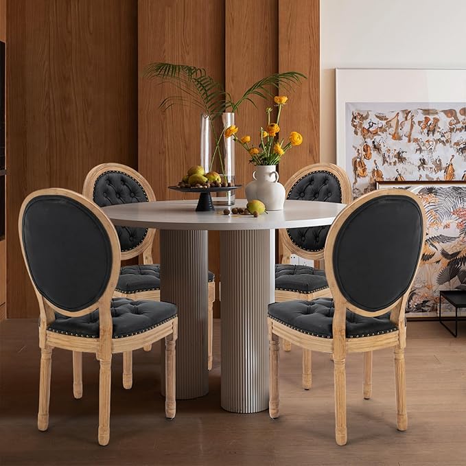SoarFlash French Dining Chairs Set of 4, Vantage Dining Chair with Round Back, Farmhouse Country PU Leather Dining Chair for Kitchen,Bedroom,Black