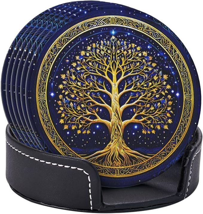 Drink Coasters with Holder Stand Set of 6, Tree of Life Gold Pu Leather - Image 2