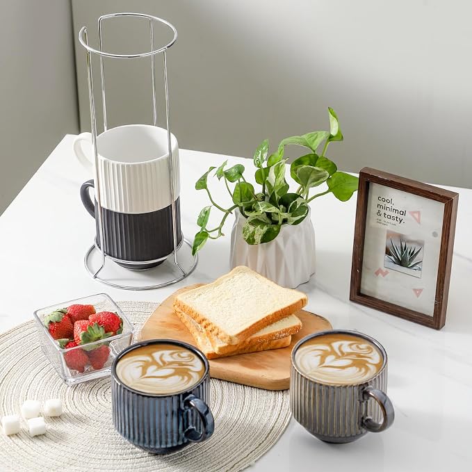 Hasense Coffee Mug Set of 4 - 15 oz Stackable Large Ceramic Ribbed Latte Cup Set - Image 2