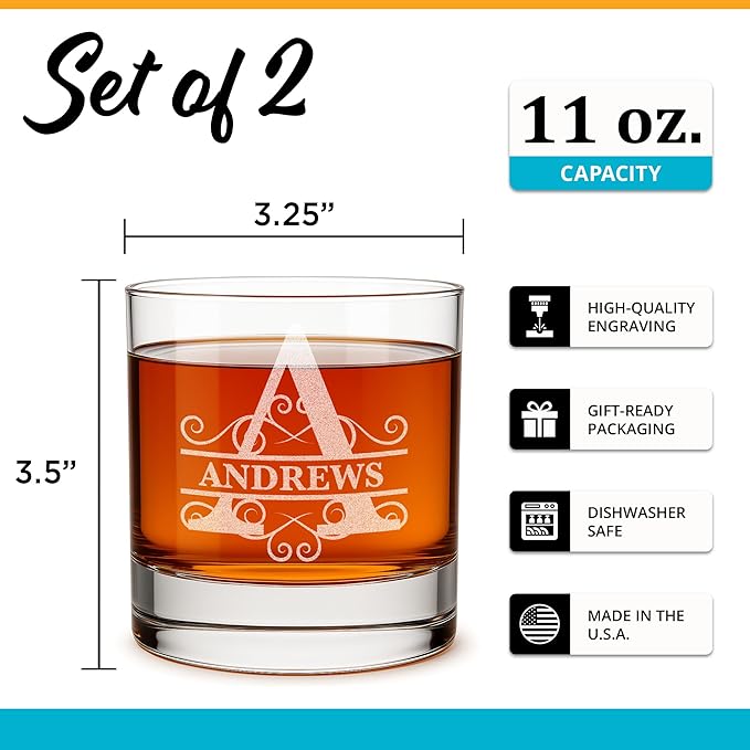 On The Rox Personalized Whiskey, Bourbon Glass Gifts for Men - 11 oz Engraved Name Monogram Scotch Glass - Customized Cocktail, Rocks, Brandy Glass Drinks (2)