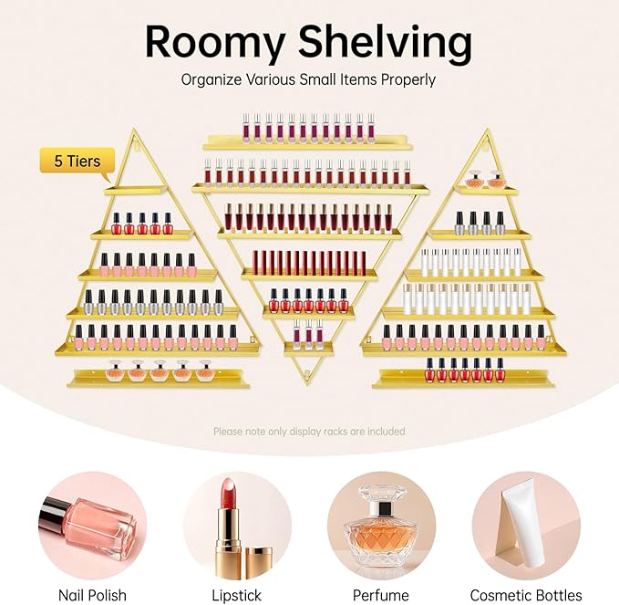 Wall-Mounted Nail Polish Display Racks, Triangle Display Racks, Cosmetics-Display-Shelves, Perfume Wall Shelf Essential Oil Organizers for Home Spa Nail Salon Shop