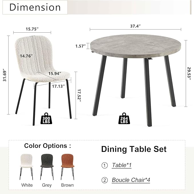 Round Dining Table Set for 4 with Boucle Chairs - Modern Kitchen Table and Chairs Set for Small Spaces - Boucle White