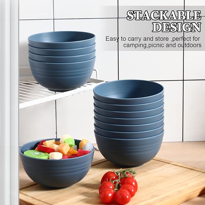 Eccliy 24 Pcs Wheat Straw Bowl Sets, Unbreakable Cereal Bowl 24 oz, Microwave and Dishwasher Safe Bowls for Cereal, Salad, Snack and Soup, Winter Style(Dark Blue)