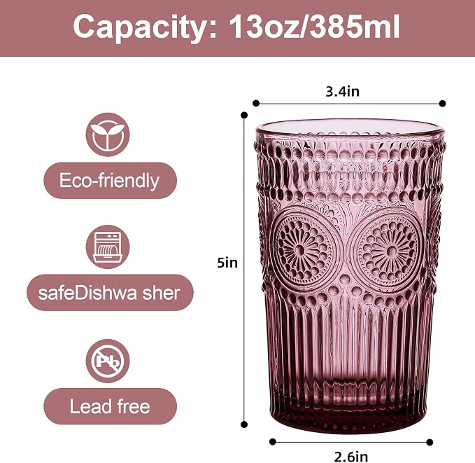 ZMOWIPDL Drinking Glasses Set of 6, 13oz Flower Design Purple Glass Cups | - Image 2