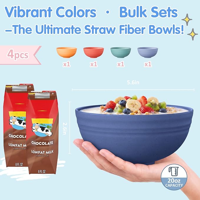 Quatish 4 PCS Unbreakable Cereal Bowls, Dishwasher & Microwave Safe Wheat Straw - Image 4