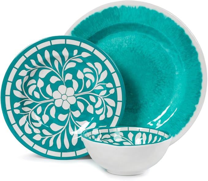 Melamine Dinnerware Sets -12 Piece Plates and Bowls Set for Indoor and Outdoor Use, Lightweight,Teal color,Green
