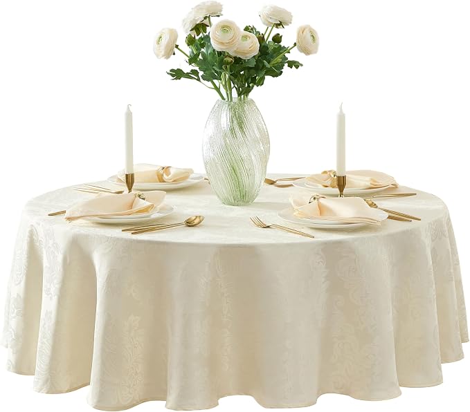 Newbridge Barcelona Luxury Damask Fabric Tablecloth, 70” Round, Antique White by HomeBargainsPlus