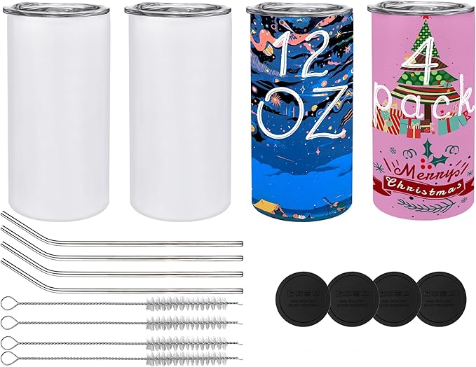 JYLJINGYULI 4 Pack 12 oz Sublimation Tumblers Blanks, 12oz Sublimation Tumbler Cups Blank Bulk, Straight Skinny Insulated Cup Stainless Steel Water Bottle with Lid and Straw for Craft DIY