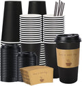 50 Pack 20 oz Disposable Coffee Cups with Lids, Paper Hot Coffee Cups with Sleeve and Straw, To Go Cups for Home, Office and Party (Black 20oz)
