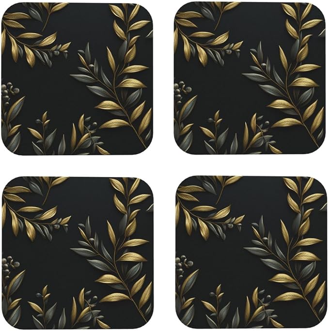 4Pcs Leather Coaster for Drinks Golden Olive Branch Cup Coasters Aesthetic by NONHAI