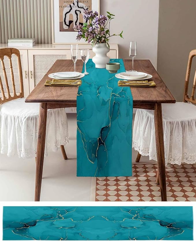 Teal Marble Table Runners 108 Inches Long, Turquoise Marble Crack Table Runner - Image 6