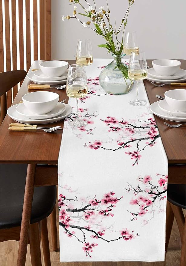 Pink Cherry Flowers Short Table Runners 36 Inches, Cotton Linen Fabric Table - Image 2