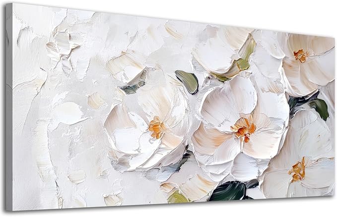 ADJUVANT Wall Art Impressionist Minimalist White Floral 60"L x 30"W, White Flowers With Subtle Tones Canvas Painting Delicate Petals Artwork Floral Wall Decor for Living Room Bedroom Bathroom Home Office