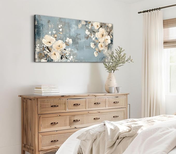 ADJUVANT Wall Art Vintage Floral 60" L x 30" W, Creamy Flowers On Distressed Blue Background Canvas Painting Blossoms Artwork Prints Floral Wall Decor for Living Room Bedroom Dining Room Home Office
