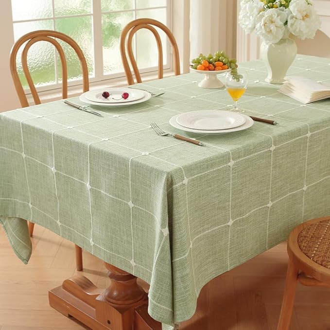 Zobesta Linen Green Table Cloth Square 60 x 60 Inch, Cotton Green Linen Square Tablecloth Plaid Heavy Weight Washable Farmhouse Soft Boho Tablecloth for Outdoor, Party, Holiday, Picnic, Dining