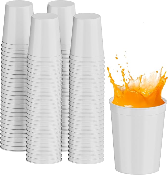 PartyPrints 100 Pack 16 oz White Reusable Blank Plastic Cups, Stadium Cups Bulk by PartyPrints