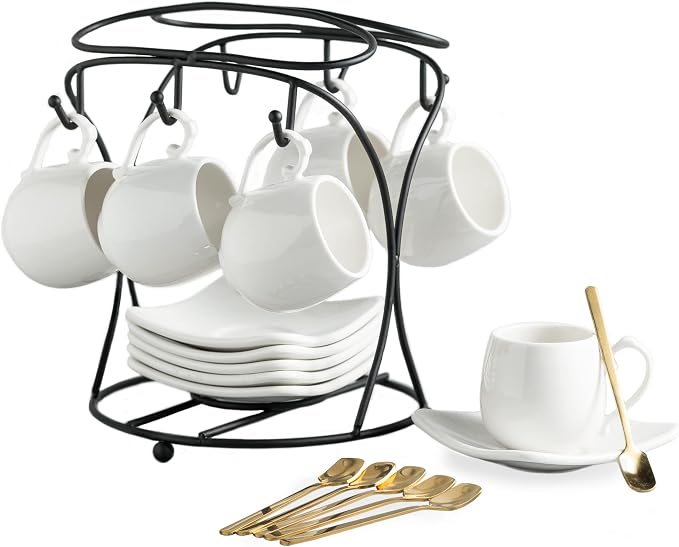 LYEOBOH Espresso Cups with Saucers Set, Porcelain Coffee Cups and Metal Stand by LYEOBOH
