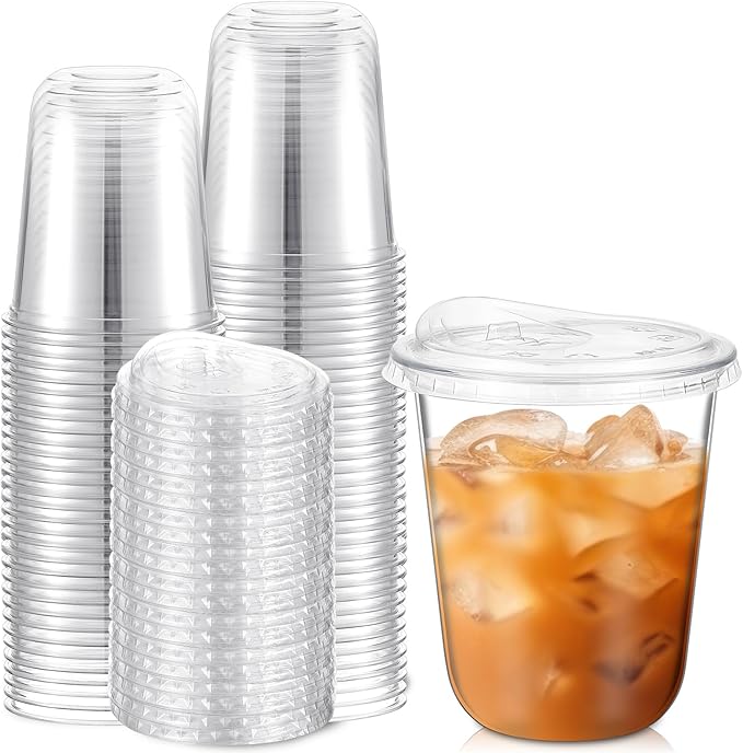 50 Sets 14 oz Clear Plastic Cups with Strawless Sip Lids, Thickened Clear Disposable Plastic PET Crystal Cups for Iced Coffee, Smoothie, Cold Beverage, Drink Shops and Party Catering