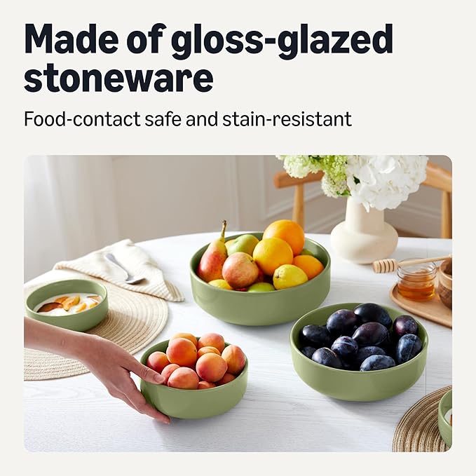 Amazon Basics Glazed Stoneware Serving Bowls, 3-Piece Set, Dishwasher-Safe, Olive