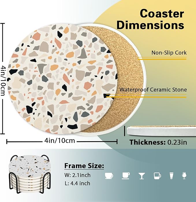 Terrazzo Ceramic Coasters with Holder Set of 6, Modern Art Absorbent Drink Cup Mat for Coffee Table Protection, 4 Inches Minimalist Artistic Home Kitchen Decor Housewarming Gifts