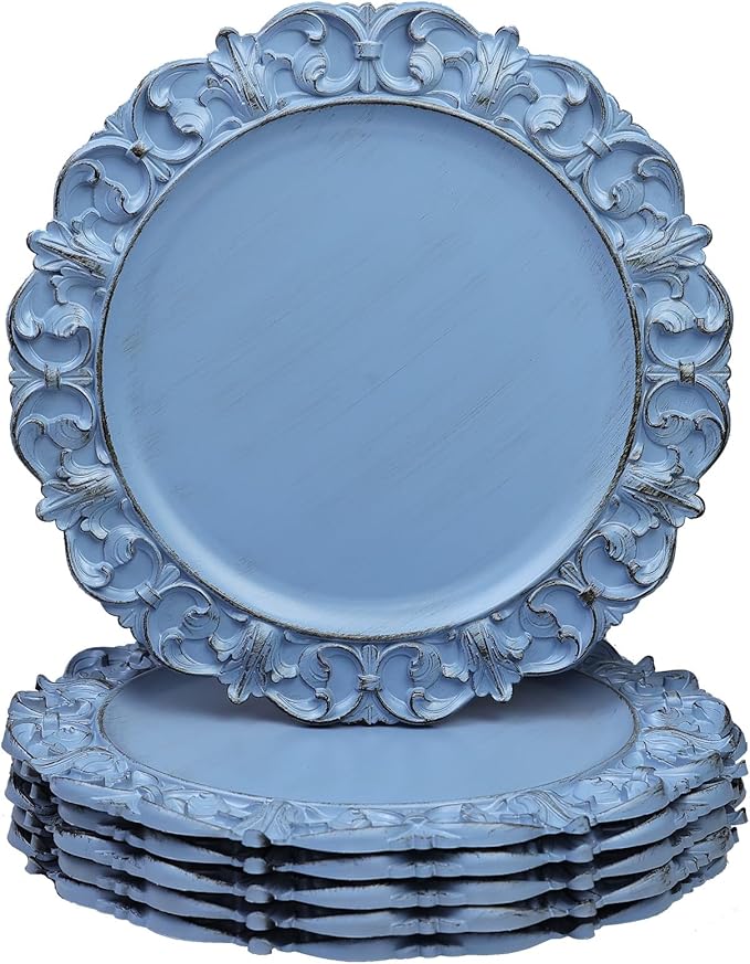 13" Antique Blue Charger Plates, Set of 6 Plastic Textured Chargers for Dinner Plates with Embossed Rim, Table Décor, Party, Wedding, Holiday