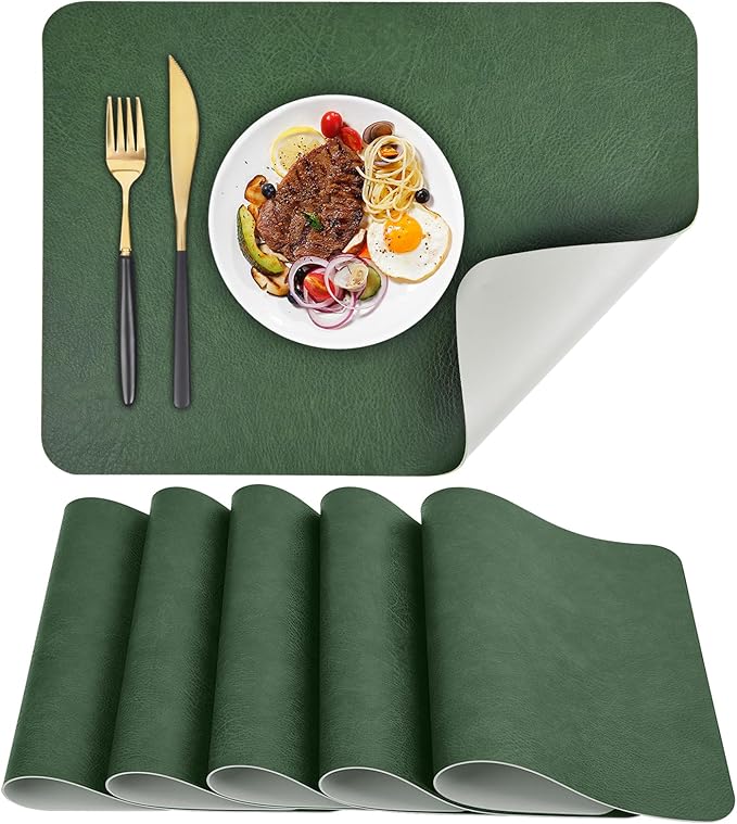 AAPLKER Faux Leather Placemats Set of 6, Vinyl Placemats Wipeable Waterproof Oil-Proof Table Mats, Heat Resistant Place Mats for Kitchen Indoor Outdoor, 16.9 x 11.8 inches (Green/Grey)