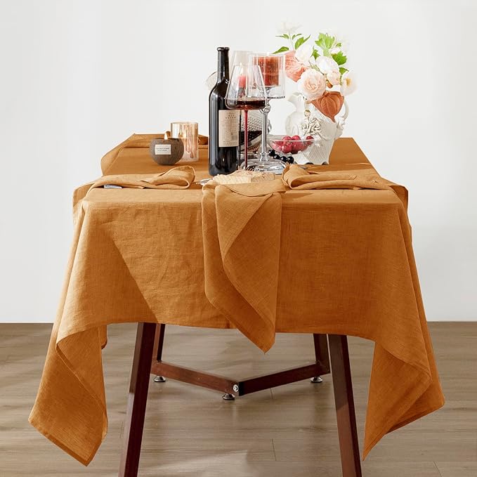 Talasily Linen Tablecloth 100% Pure Linen Table Cloth 60x84 Inches Rectangle Tablecloths Washable Cloths for Kitchen, Dining, Buffet Parties, Holidays, Picnic, Weddings and Restaurants-Caramel