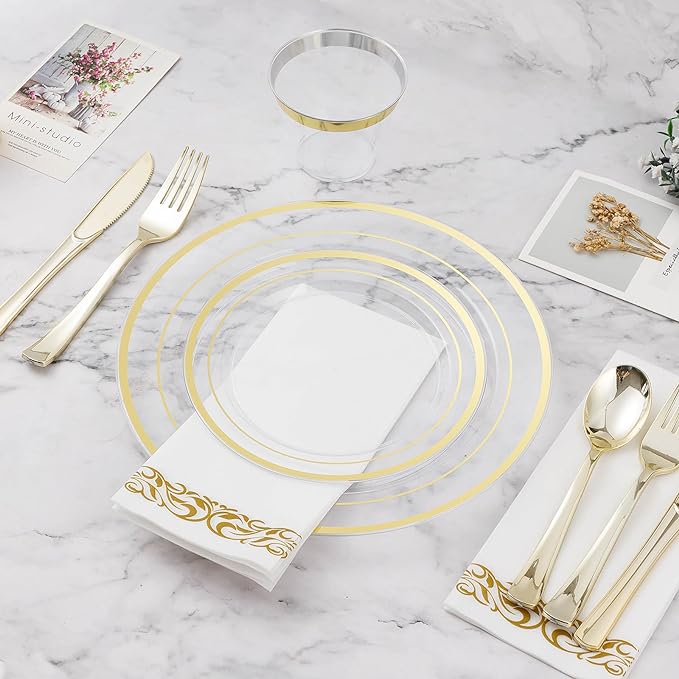 BESTVIP 100PCS 7 Inch Clear Plastic Dessert Plates, Disposable Salad Plate with Gold Rim, Heavy Duty Plastic Small Cakes Plates for Party, Wedding and Birthday, Christmas, Thanksgiving, Events