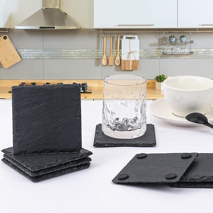 30 Pack 4 Inch Square Slate Coasters,Black Stone Coasters with Anti-Scratch Bottom, Ideal for Home Decor, Bar, Housewarming Gifts, and Laser Engraving KUKLIPJIM
