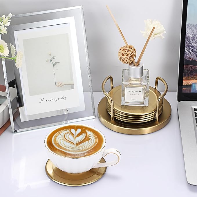 JUXYES Set of 6 Stainless Steel Round Coasters with Holder & Sponge Bottom, Golden Metal Cup Coasters Set Stunning Cool Coaster Cups Mats Decor for Restaurant Kitchen bar Dining Table