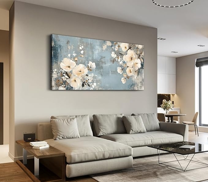 ADJUVANT Wall Art Vintage Floral 40" L x 20" W, Creamy Flowers On Distressed Blue Background Canvas Painting Blossoms Artwork Prints Floral Wall Decor for Living Room Bedroom Dining Room Home Office