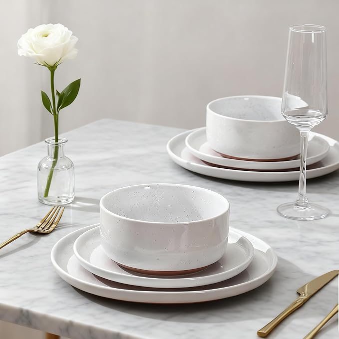 GZG Modern Art Series - 18 Pcs Speckled Stoneware Plates and Bowls Sets, Ceramic Dinnerware Set with Rustic Terracotta Underside, Microwave and Dishwasher Safe Handcrafted Dishes Set - Porcelain White
