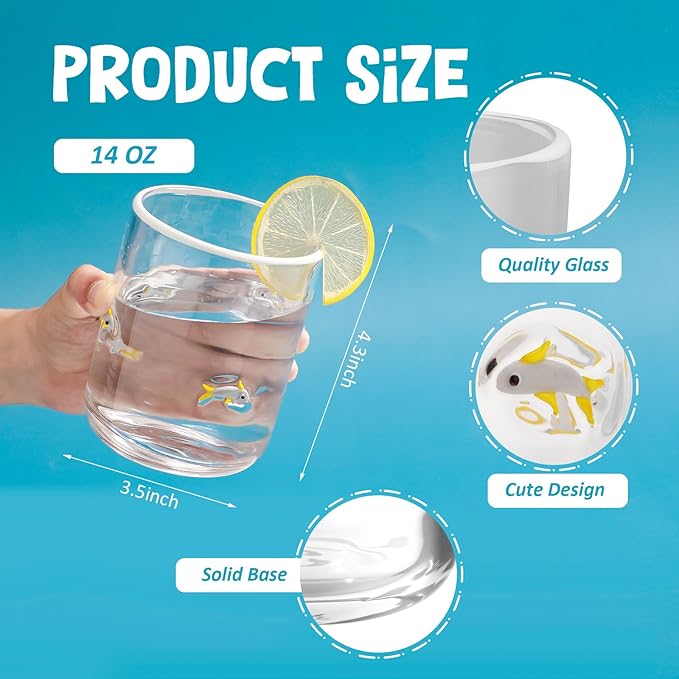 Icon Juice Glasses, 14oz Stemless Wine Drinking Juice Glass Cup for Valentine Party Supplies Gift(2 Pcs,Gray Fish)