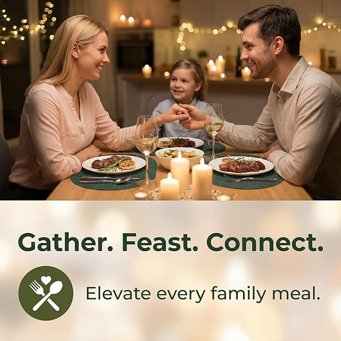 Placemats Set of 8 - Washable Heat Resistant Table Placemats - Wipeable Faux Leather Oval Place Mats, Waterproof Table Mats for Dining Table, Green