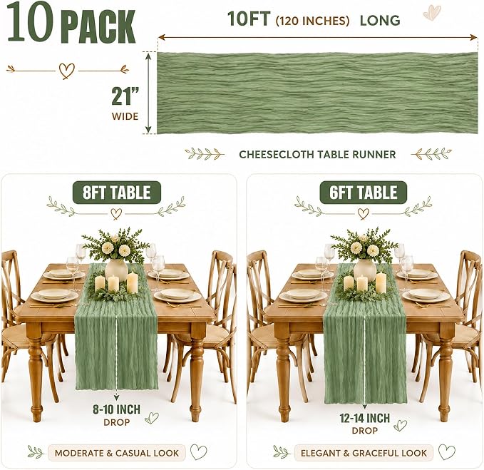 10 Pack Sage Green Table Runner 10FT Gauze Cheesecloth Table Runner | 21x120 - Image 3