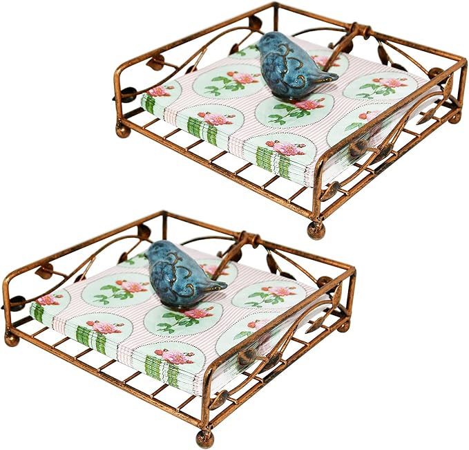 OwlGift Collection Set of 2 Bronze Coated Metal Flat Napkin Holder Dispensing Stand w/Ceramic Bird, Kitchen and Countertop Flat Napkin Storage Organizer