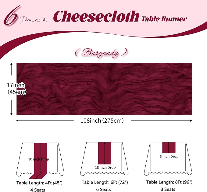 6 Pack Burgundy Cheesecloth Table Runner, 17 x 108 inch, Semi Sheer Boho Cheese - Image 3