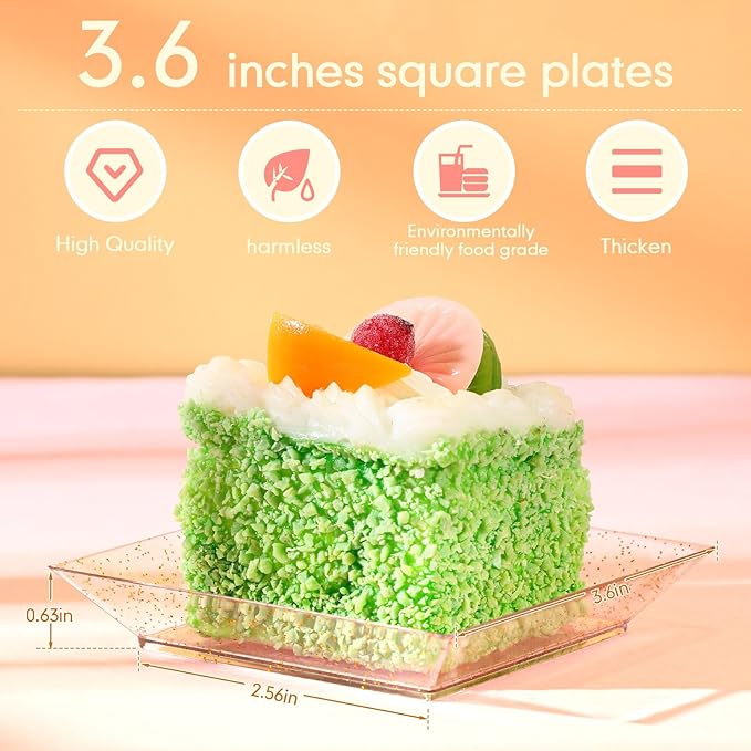 Zhehao 50 Pcs Plastic Dessert Appetizer Plates Disposable, 3.6 x 3.6 Inch Small Square Plastic Dessert Cake Plate for Party, Valentine's Day Wedding Birthday Bridal Baby Shower Supplies (Gold Clear)