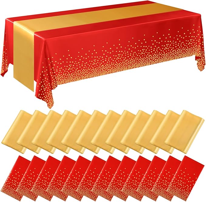 Breling 24 Pack Red and Gold Disposable Plastic Tablecloths and Satin Table Runner Set, 54 x 108 Inch Tablecloth, 12 x 108 Inch Table Runners for Wedding Graduation Birthday Baby Shower New Year