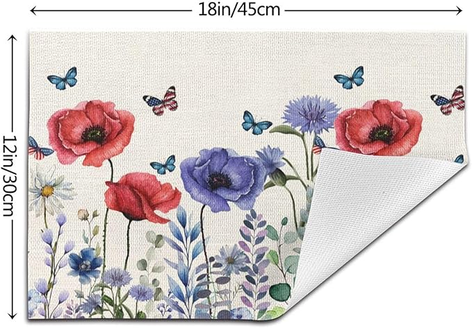 Independence Day Floral Placemats 12x18 Inches Set of 4, 4th of July Blue Red Flower Placemats Summer Decorative Rectangle Modern Table Mats for Party Home Kitchen Dining Table Decoration