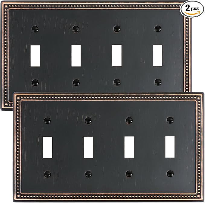 2-Pack Quad Toggle Light Switch Cover Plate, 4 Gang Metal Switch Plate Covers, Aged Bronze Pearls Decorative Wall Plate, Corrosion Resistant